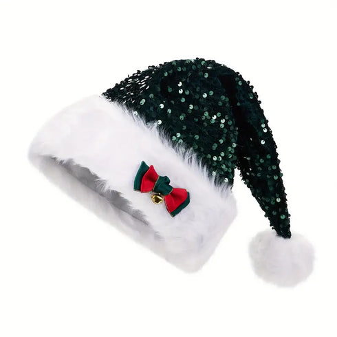 Christmas Hat With Red Sequins And Bow Design Warm Plush Decorative Hat, Christmas Enlarged And Thickened Long Haired Hat