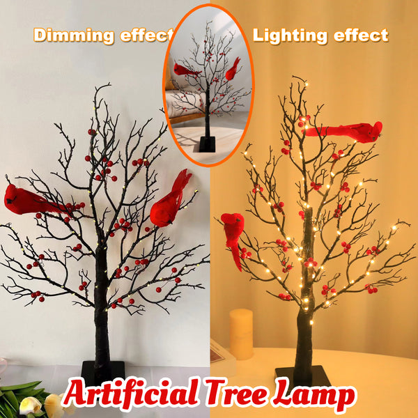 Lighted Mini Birch Tree Light LED Cardinals Christmas Tree Vintage Glowing Tree Light For Table Holiday Home Xmas Decoration