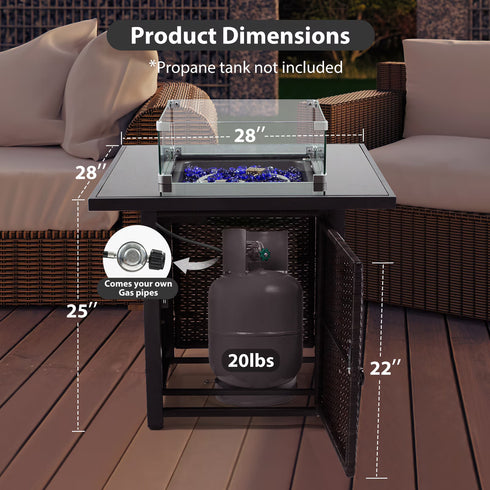 28 Inch Gas Propane Fire Pit Countertop, 50000 BTU, With Tempered Glass Countertop, Blue Stone And Steel Countertop Cover, And Windproof Glass, CSA Certified