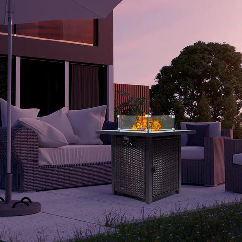 28 Inch Gas Propane Fire Pit Countertop, 50000 BTU, With Tempered Glass Countertop, Blue Stone And Steel Countertop Cover, And Windproof Glass, CSA Certified