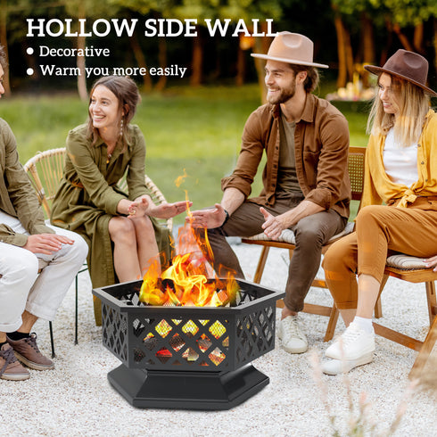 28 Outdoor Fire Pit With Grill Hexagon Fireplace Wood Burning Firepit With Cooking Grate, Fire Poker,  Screen Lid