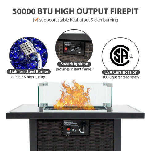 28 Inch Gas Propane Fire Pit Countertop, 50000 BTU, With Tempered Glass Countertop, Blue Stone And Steel Countertop Cover, And Windproof Glass, CSA Certified