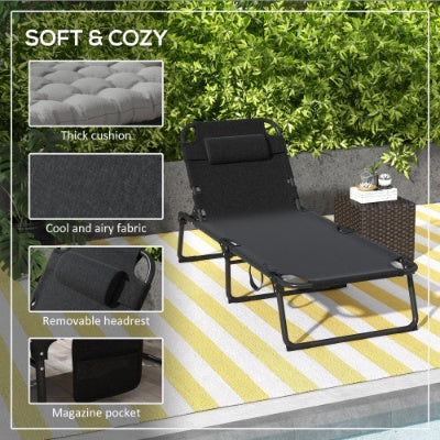 Outsunny Outdoor Chaise, Adjustable Folding Chaise Lounge With 4-Position Backrest, Magazine Pocket, Removable Head Pillow, Sun Bathing Lounger Chair For Patio, Beach, Gray