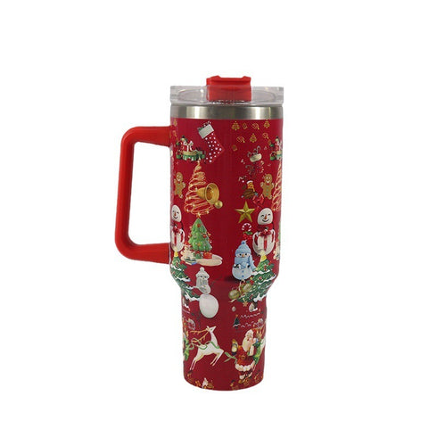 New Christmas Pattern Mug With Handle Lid Straw Drinkware Stainless Steel Vacuum c Large Capacity Car Travel Coffee Cup