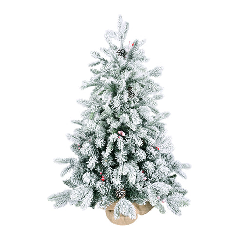 3ft Tabletop Christmas Tree, Snow Flocked Artificial Mini Christmas Tree With 14 Pine Cones & Red Berries, Green
