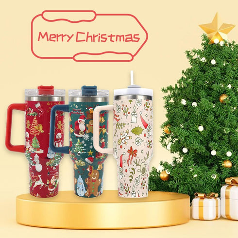 New Christmas Pattern Mug With Handle Lid Straw Drinkware Stainless Steel Vacuum c Large Capacity Car Travel Coffee Cup