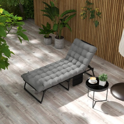 Outsunny Outdoor Chaise, Adjustable Folding Chaise Lounge With 4-Position Backrest, Magazine Pocket, Removable Head Pillow, Sun Bathing Lounger Chair For Patio, Beach, Gray