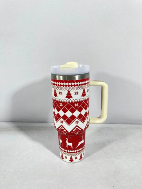 New Christmas Pattern Mug With Handle Lid Straw Drinkware Stainless Steel Vacuum c Large Capacity Car Travel Coffee Cup