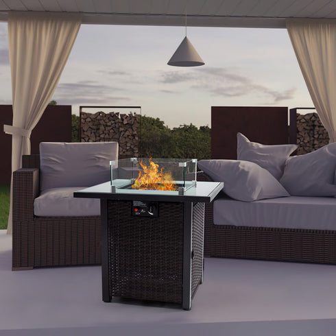 28 Inch Gas Propane Fire Pit Countertop, 50000 BTU, With Tempered Glass Countertop, Blue Stone And Steel Countertop Cover, And Windproof Glass, CSA Certified