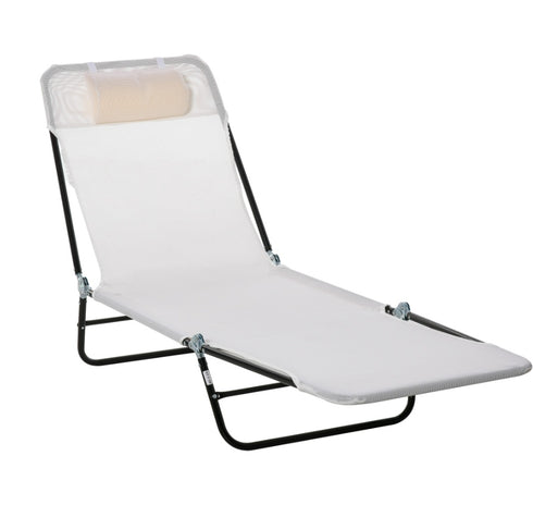Folding Chaise Lounge Chair, Cream White, 5-Level Adjustable With Headrest, Breathable Mesh For Beach & Patio