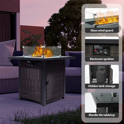 28 Inch Gas Propane Fire Pit Countertop, 50000 BTU, With Tempered Glass Countertop, Blue Stone And Steel Countertop Cover, And Windproof Glass, CSA Certified