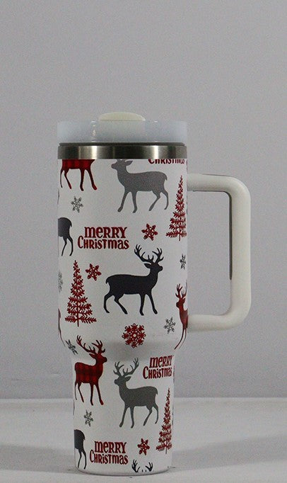 New Christmas Pattern Mug With Handle Lid Straw Drinkware Stainless Steel Vacuum c Large Capacity Car Travel Coffee Cup