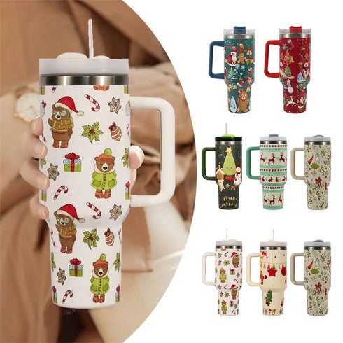 New Christmas Pattern Mug With Handle Lid Straw Drinkware Stainless Steel Vacuum c Large Capacity Car Travel Coffee Cup