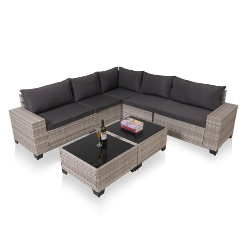7-Piece Outdoor Patio Furniture Sets, All-Weather Wicker Rattan Sectional Sofa, Modern Two Glass Coffee Table And Washable Seat Cushion
