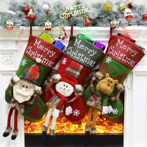 2025 New Year Xmas Big Stockings Set Decorations Christmas 3D Plush Big Sock Christmas Tree Pendant Decorating Supplies