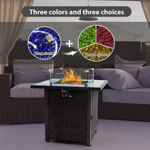 28 Inch Gas Propane Fire Pit Countertop, 50000 BTU, With Tempered Glass Countertop, Blue Stone And Steel Countertop Cover, And Windproof Glass, CSA Certified