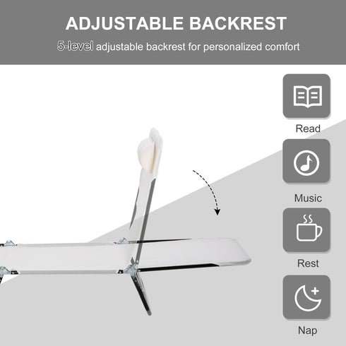Folding Chaise Lounge Chair, Cream White, 5-Level Adjustable With Headrest, Breathable Mesh For Beach & Patio
