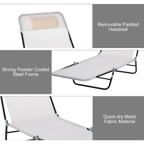 Folding Chaise Lounge Chair, Cream White, 5-Level Adjustable With Headrest, Breathable Mesh For Beach & Patio