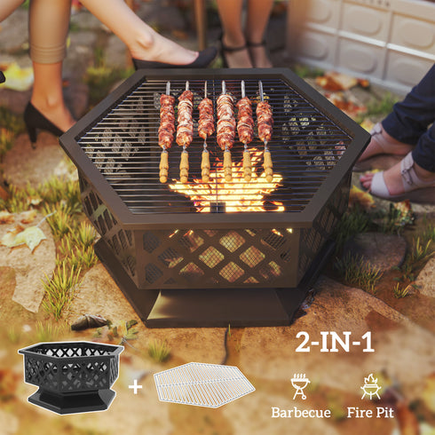 28 Outdoor Fire Pit With Grill Hexagon Fireplace Wood Burning Firepit With Cooking Grate, Fire Poker,  Screen Lid