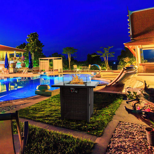 28 Inch Gas Propane Fire Pit Countertop, 50000 BTU, With Tempered Glass Countertop, Blue Stone And Steel Countertop Cover, And Windproof Glass, CSA Certified